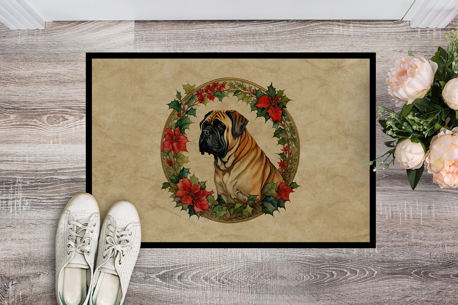 Mastiff Christmas Flowers Doormat Indoor Outdoor 24H X 36W Front Door Mat Rugs for Entryway, Non Slip Washable Low Pile,