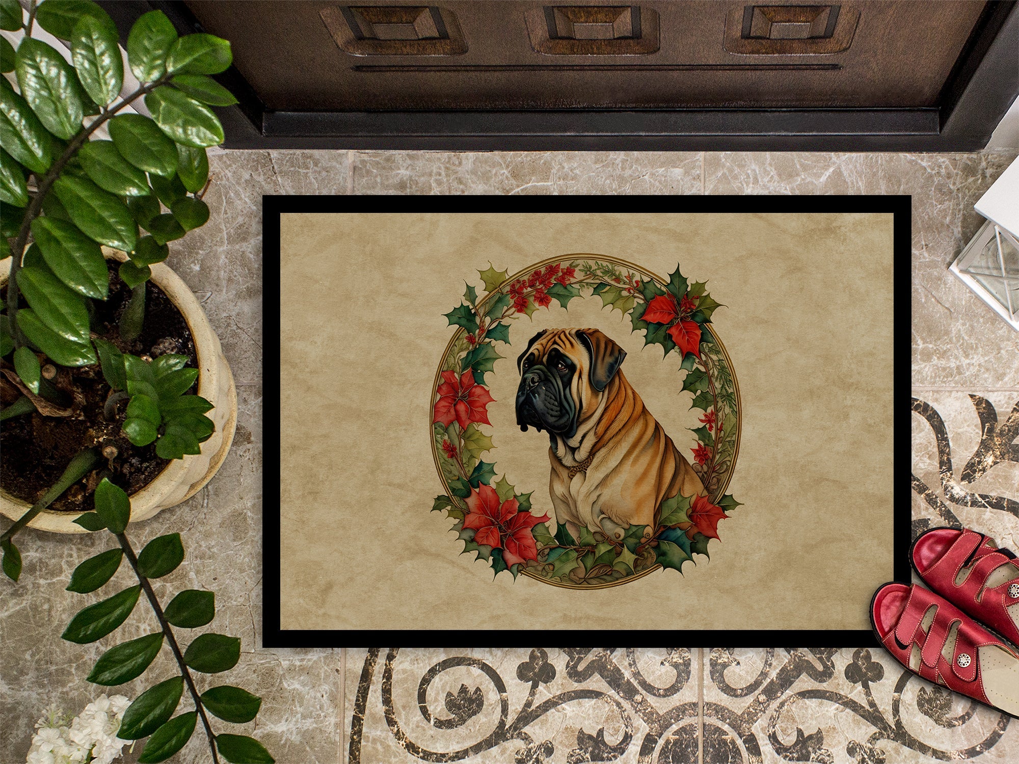 Mastiff Christmas Flowers Doormat Indoor Outdoor 18H X 27W Front Door Mat Rugs for Entryway, Non Slip Washable