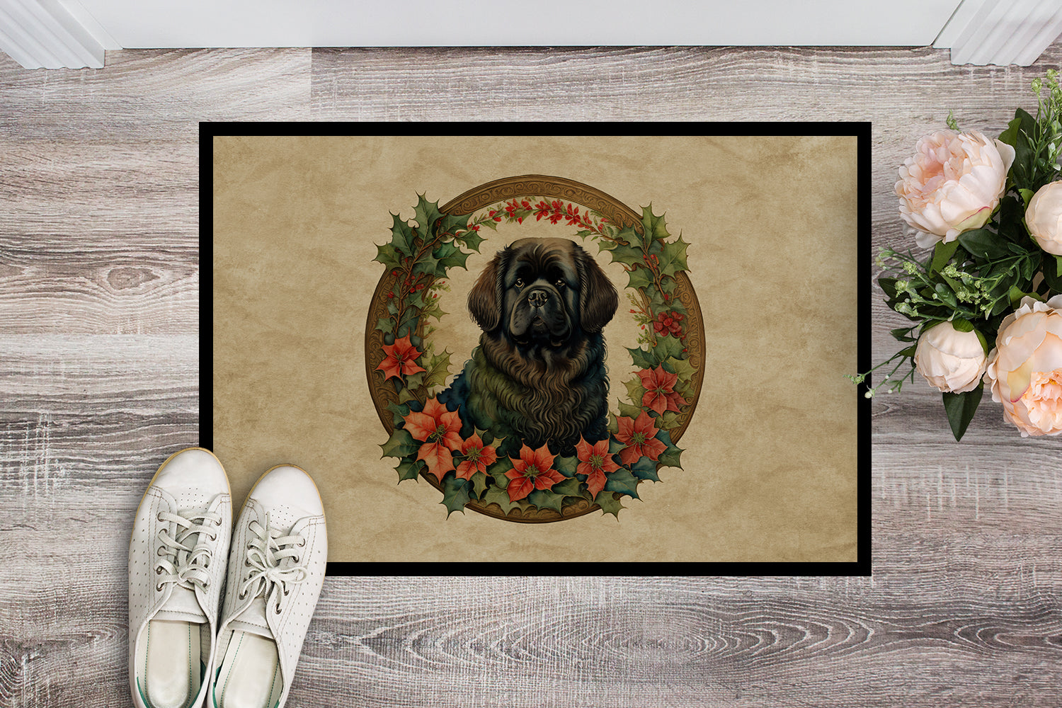 Newfoundland Christmas Flowers Doormat Indoor Outdoor 24H X 36W Front Door Mat Rugs for Entryway, Non Slip Washable Low Pile,