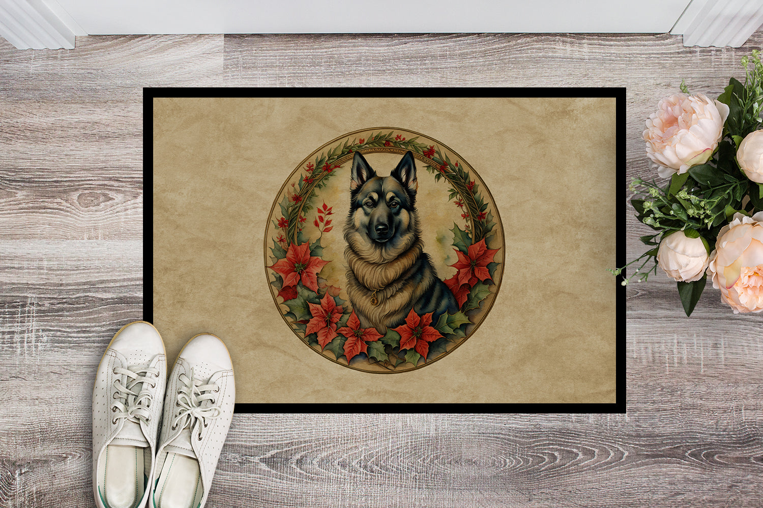 Norwegian Elkhound Christmas Flowers Doormat Indoor Outdoor 24H X 36W Front Door Mat Rugs for Entryway, Non Slip Washable Low Pile,