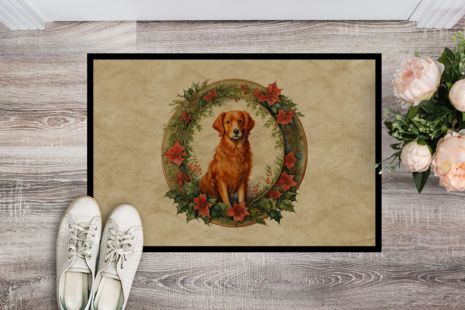 Nova Scotia Duck Tolling Retriever Christmas Flowers Doormat Indoor Outdoor 18H X 27W Front Door Mat Rugs for Entryway, Non Slip Washable