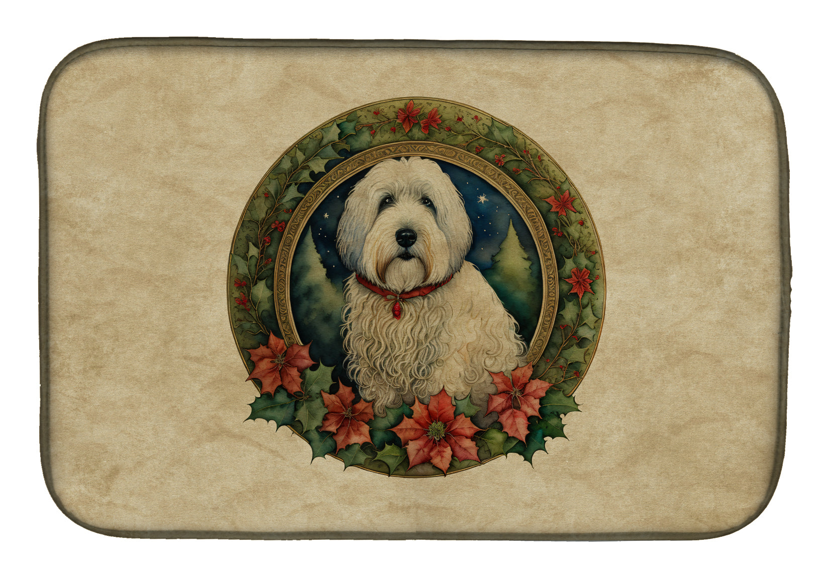 Old English Sheepdog Christmas Flowers Dish Drying Mat Absorbent Dish Drying Mat Pad for Kitchen Counter Dish Drainer Mat for Countertop, 14 x 21", Multicolor