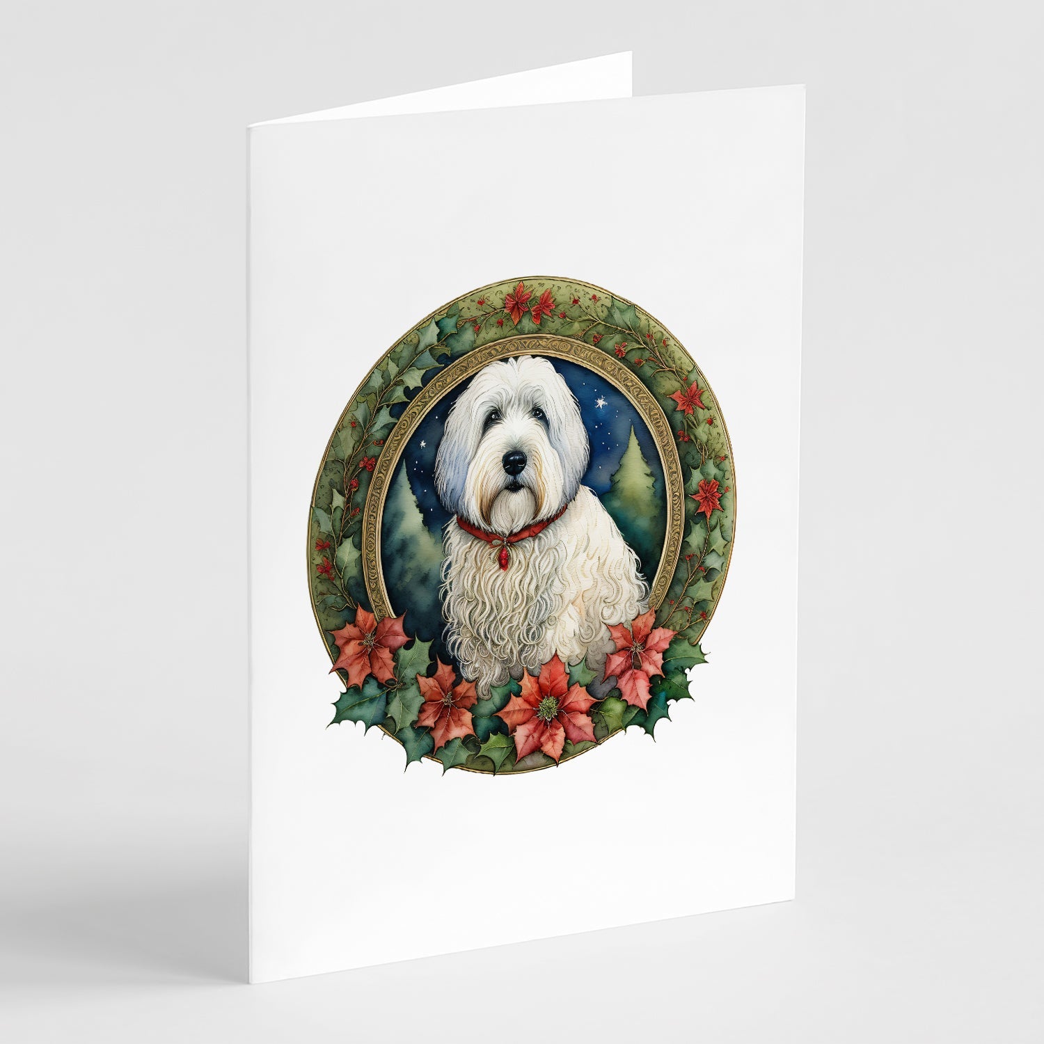Old English Sheepdog Christmas Flowers Greeting Cards Pack of 8 Blank Cards with Envelopes Whimsical A7 Size 5x7