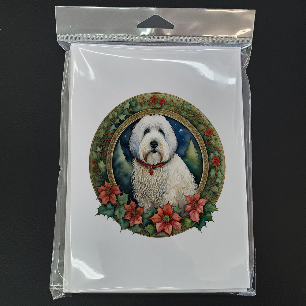 Old English Sheepdog Christmas Flowers Greeting Cards Pack of 8 Blank Cards with Envelopes Whimsical A7 Size 5x7