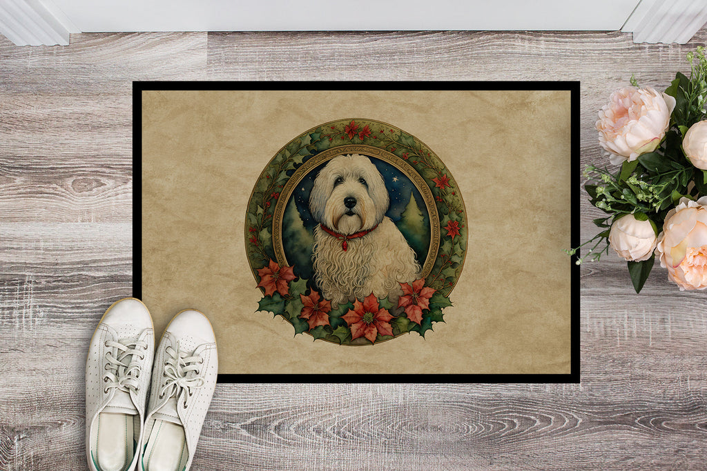 Old English Sheepdog Christmas Flowers Doormat Indoor Outdoor 18H X 27W Front Door Mat Rugs for Entryway, Non Slip Washable