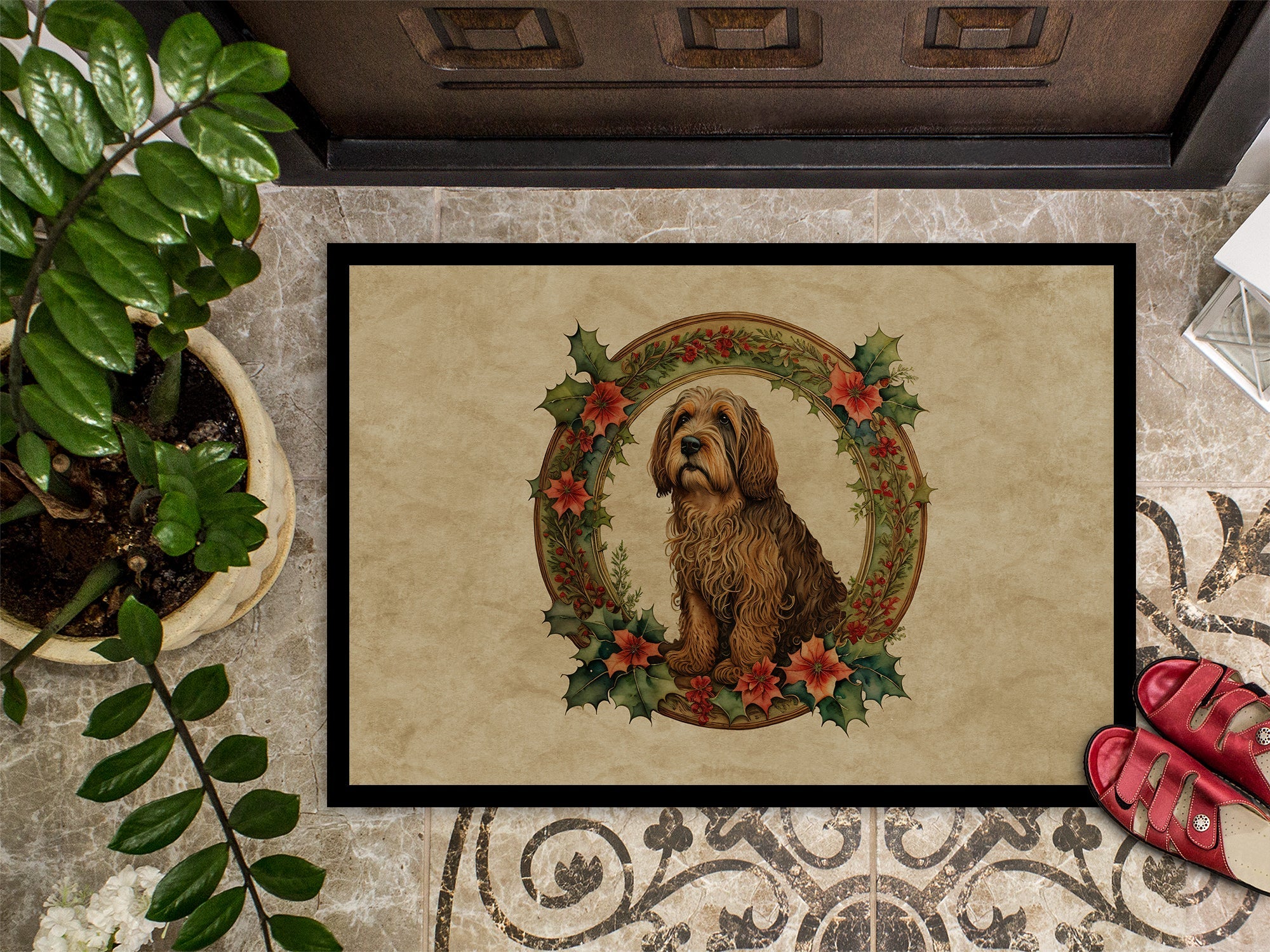 Otterhound Christmas Flowers Doormat Indoor Outdoor 18H X 27W Front Door Mat Rugs for Entryway, Non Slip Washable