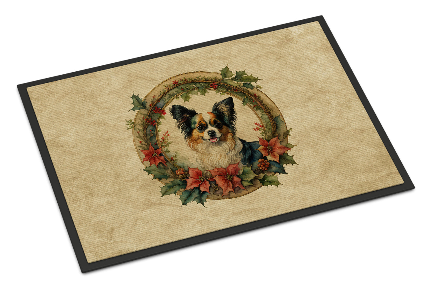 Papillon Christmas Flowers Doormat Indoor Outdoor 18H X 27W Front Door Mat Rugs for Entryway, Non Slip Washable