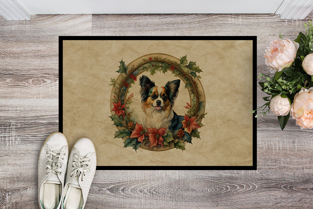 Papillon Christmas Flowers Doormat Indoor Outdoor 18H X 27W Front Door Mat Rugs for Entryway, Non Slip Washable