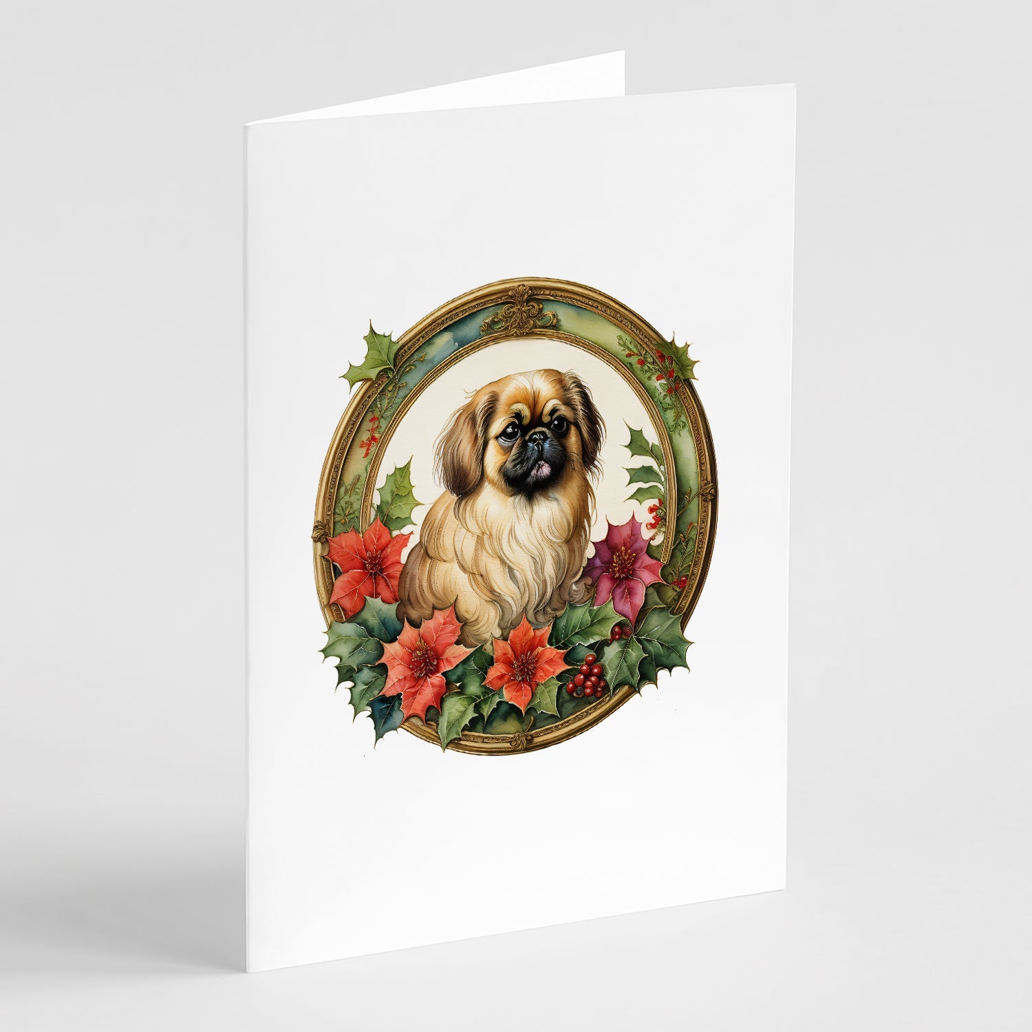 Pekingese Christmas Flowers Greeting Cards Pack of 8 Blank Cards with Envelopes Whimsical A7 Size 5x7