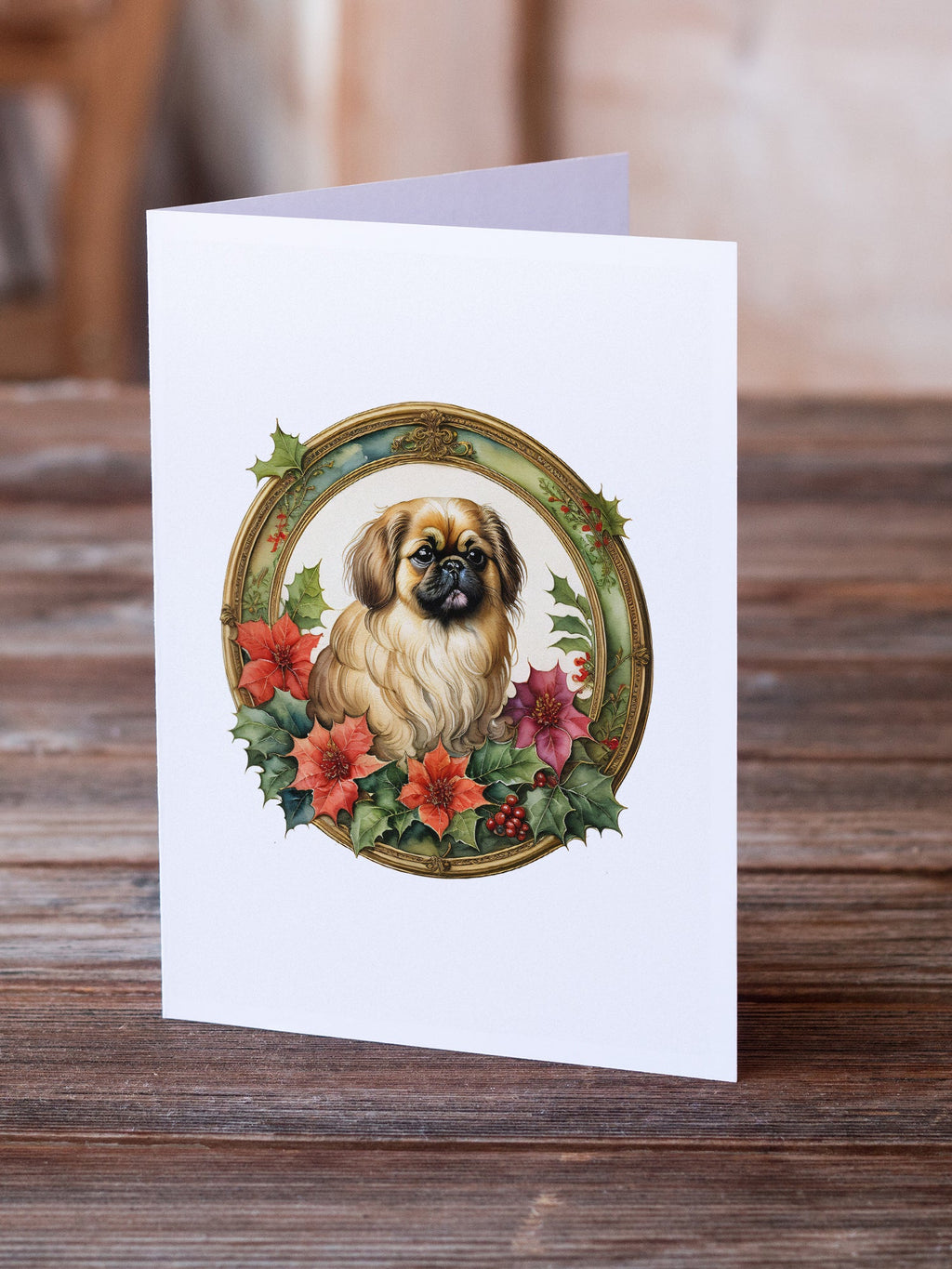 Pekingese Christmas Flowers Greeting Cards Pack of 8 Blank Cards with Envelopes Whimsical A7 Size 5x7