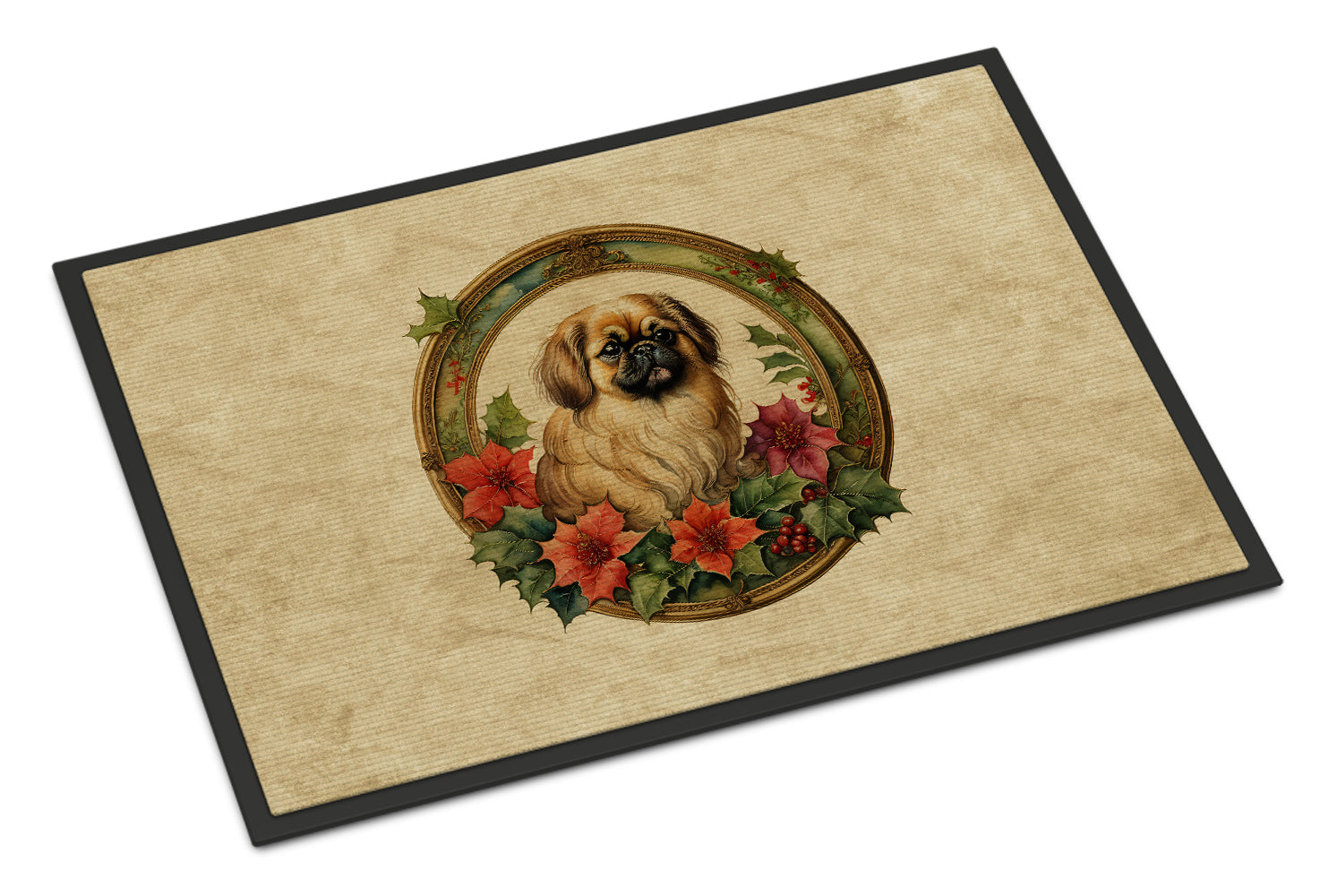 Pekingese Christmas Flowers Doormat Indoor Outdoor 18H X 27W Front Door Mat Rugs for Entryway, Non Slip Washable