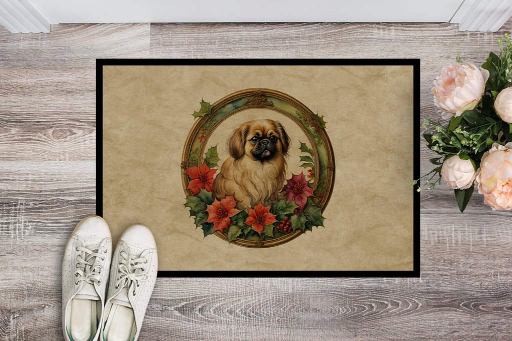 Pekingese Christmas Flowers Doormat Indoor Outdoor 18H X 27W Front Door Mat Rugs for Entryway, Non Slip Washable