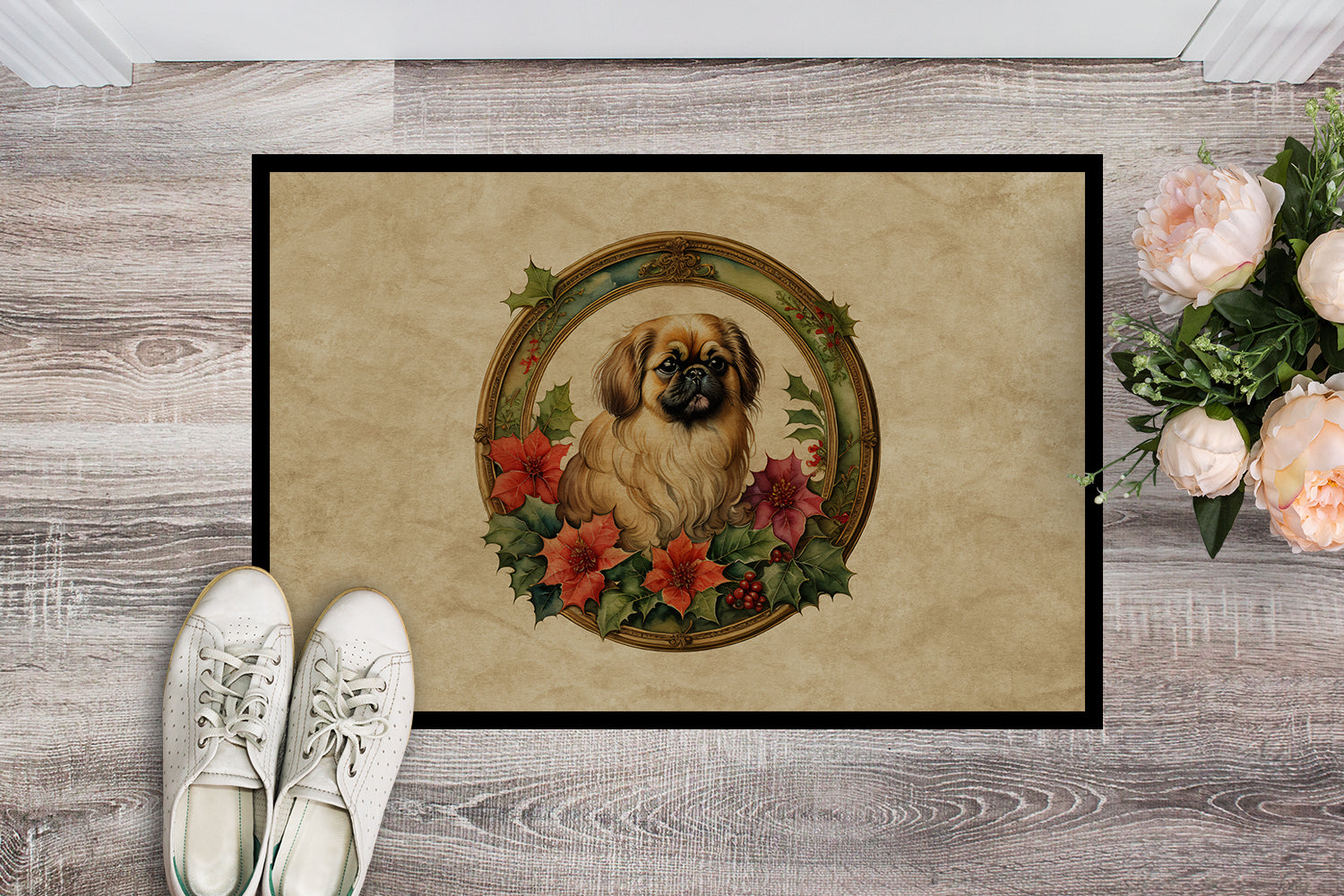Pekingese Christmas Flowers Doormat Indoor Outdoor 18H X 27W Front Door Mat Rugs for Entryway, Non Slip Washable