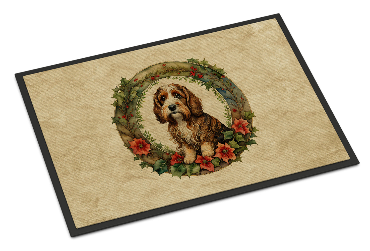 Petit Basset Griffon Vendeen Christmas Flowers Doormat Indoor Outdoor 24H X 36W Front Door Mat Rugs for Entryway, Non Slip Washable Low Pile,