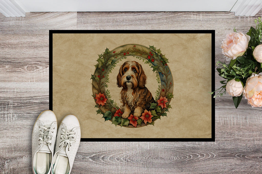 Petit Basset Griffon Vendeen Christmas Flowers Doormat Indoor Outdoor 18H X 27W Front Door Mat Rugs for Entryway, Non Slip Washable