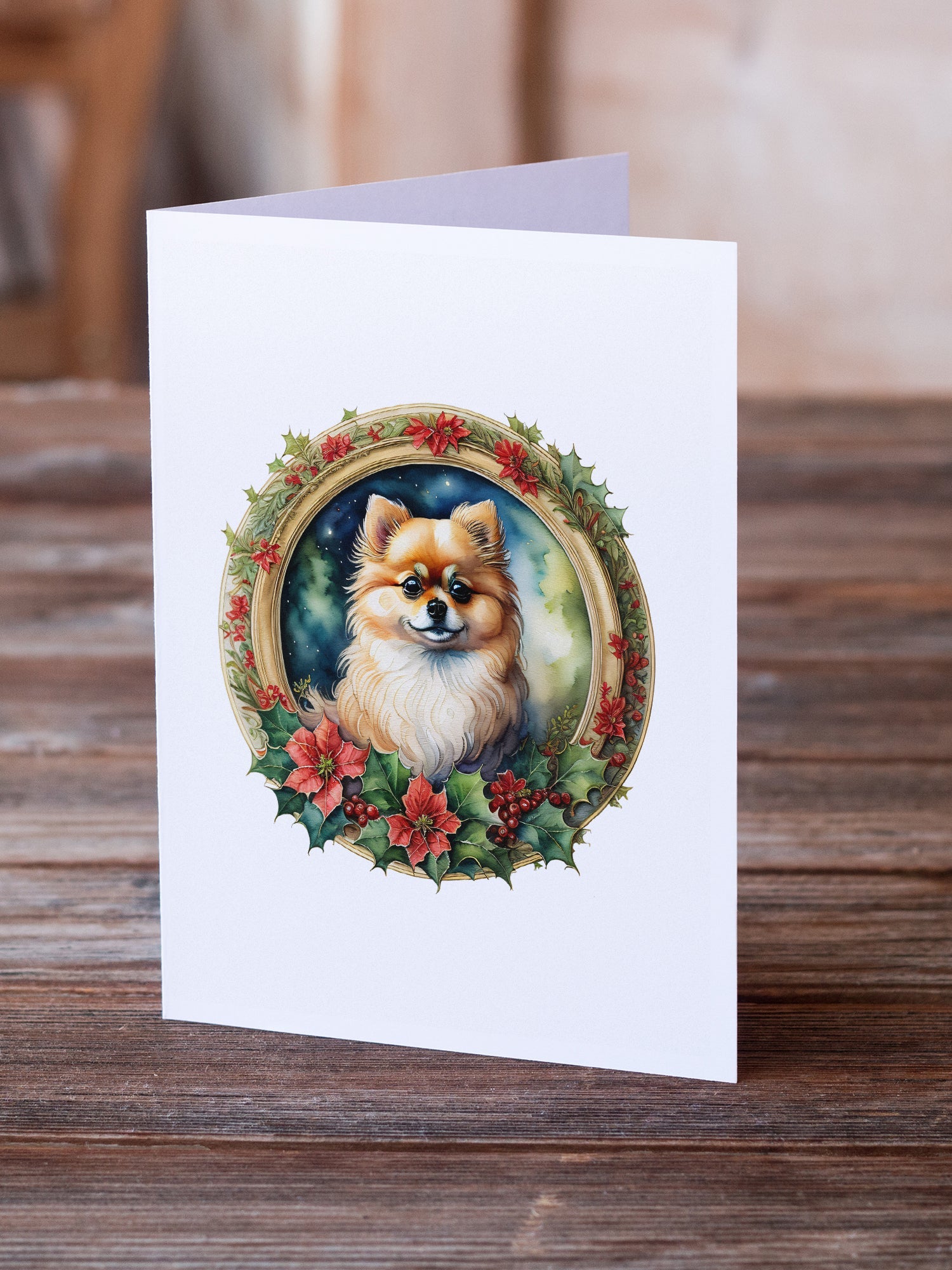 Pomeranian Christmas Flowers Greeting Cards Pack of 8 Blank Cards with Envelopes Whimsical A7 Size 5x7