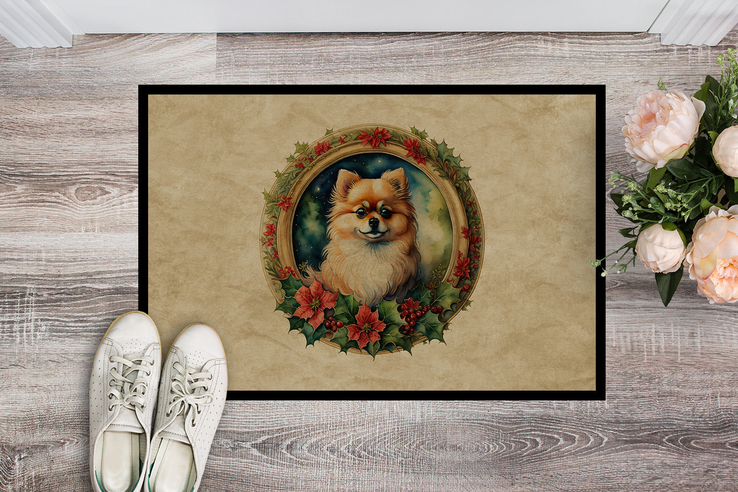 Pomeranian Christmas Flowers Doormat Indoor Outdoor 24H X 36W Front Door Mat Rugs for Entryway, Non Slip Washable Low Pile,