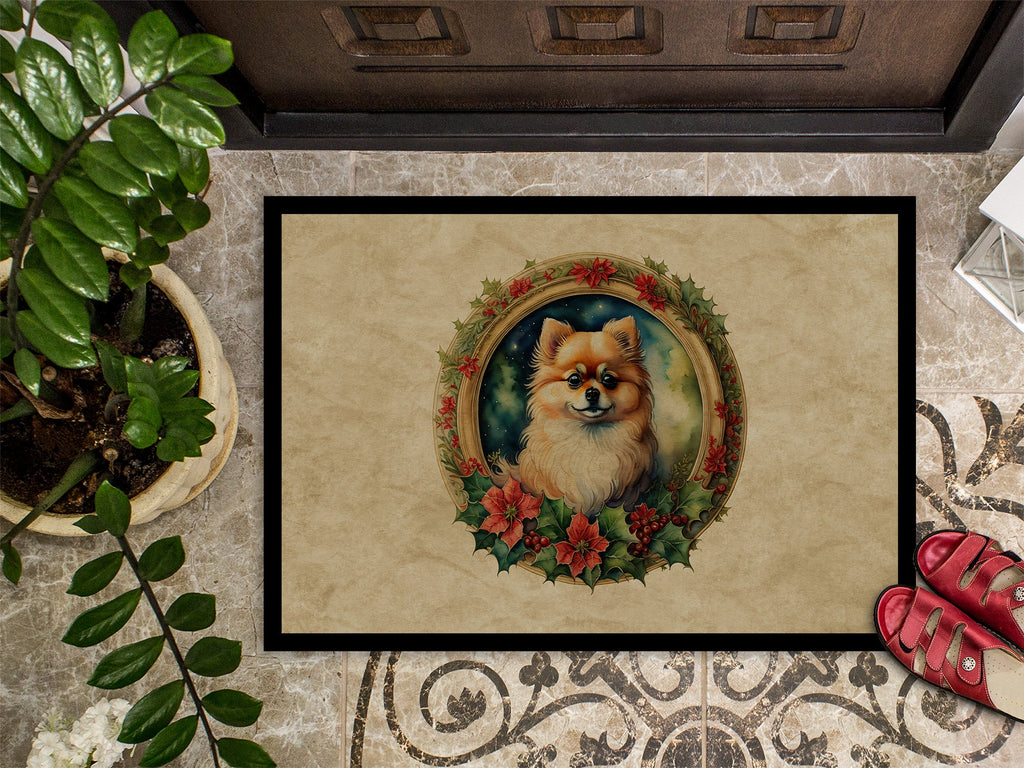 Pomeranian Christmas Flowers Doormat Indoor Outdoor 24H X 36W Front Door Mat Rugs for Entryway, Non Slip Washable Low Pile,