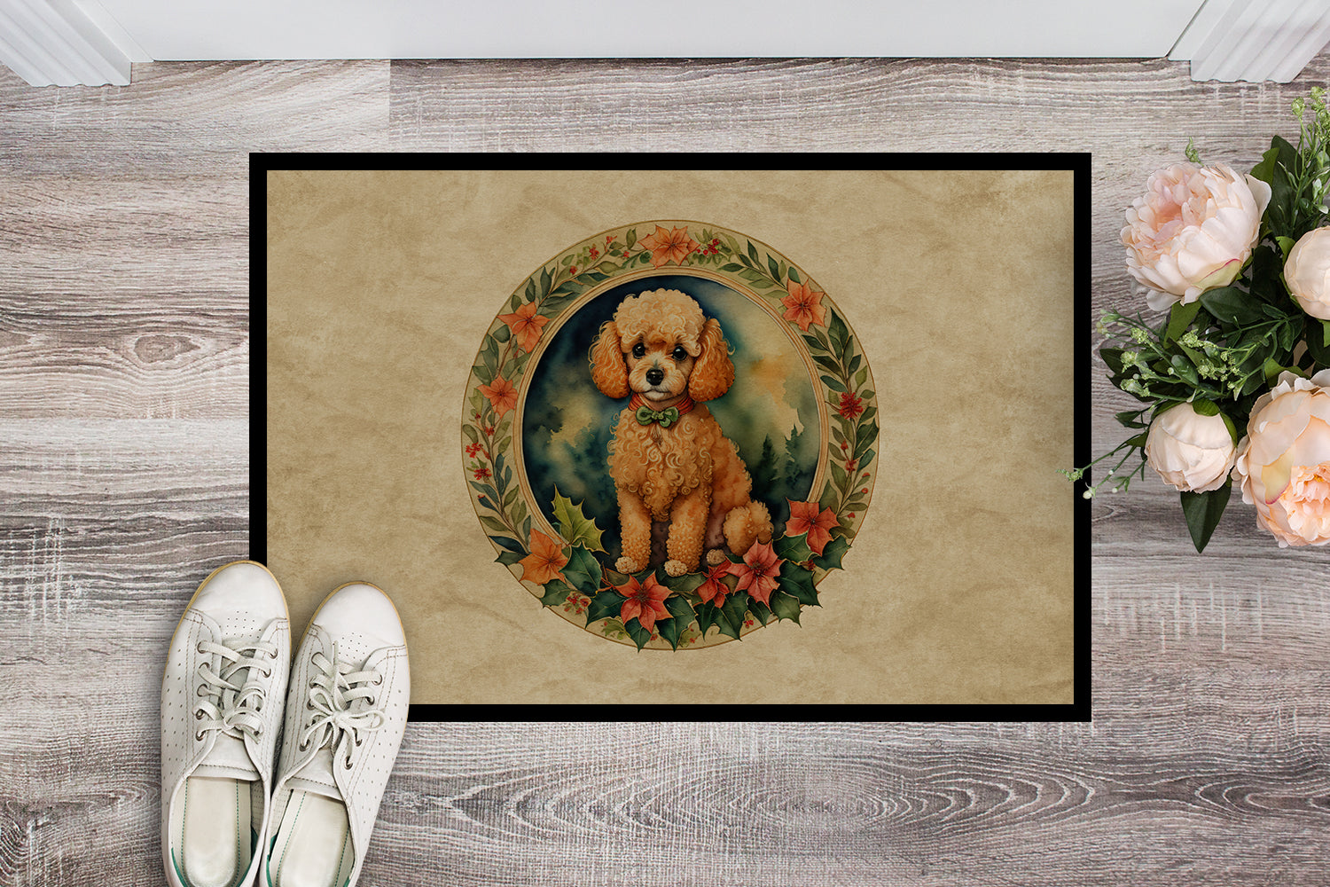 Poodle Christmas Flowers Doormat Indoor Outdoor 18H X 27W Front Door Mat Rugs for Entryway, Non Slip Washable