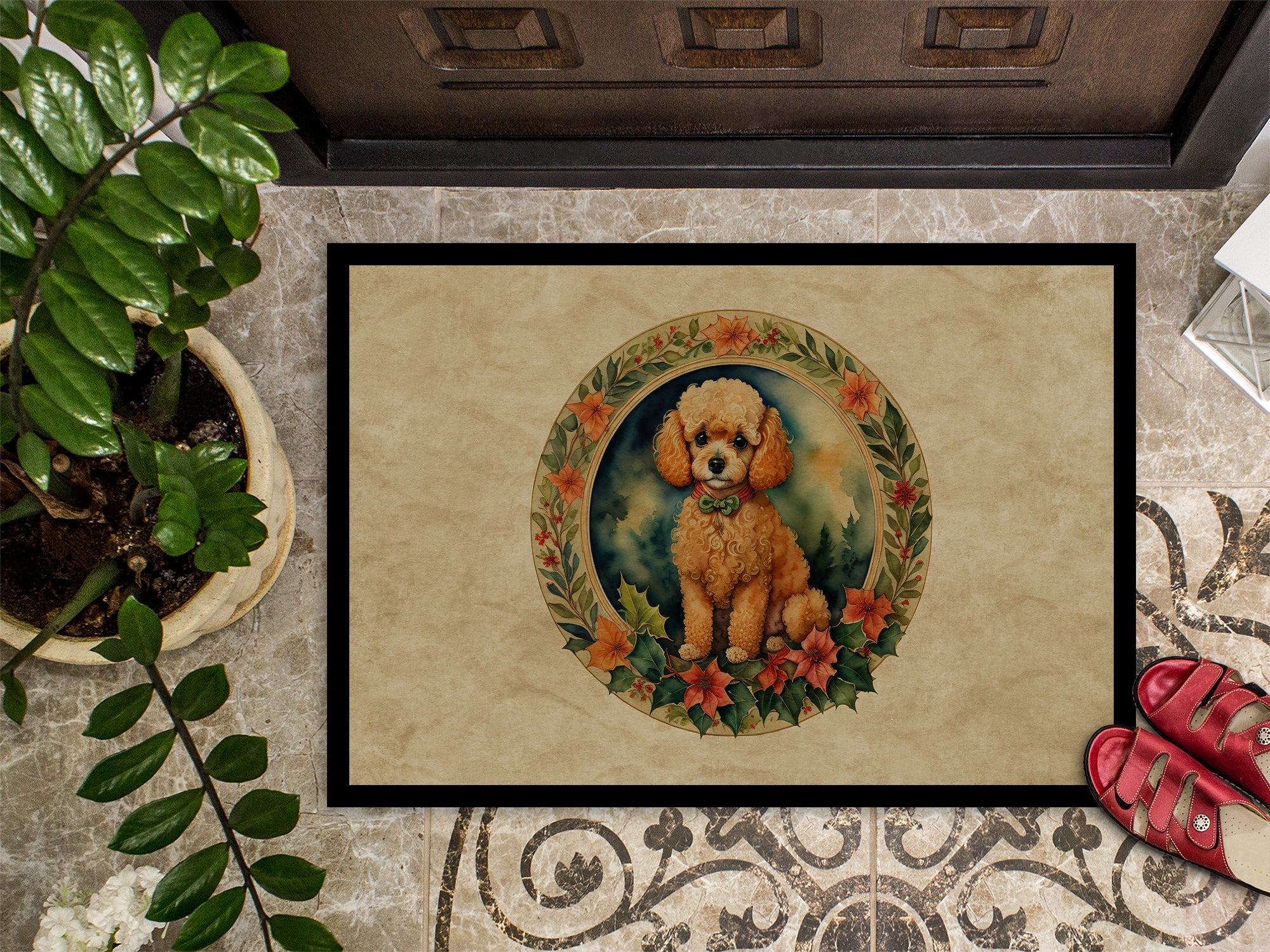 Poodle Christmas Flowers Doormat Indoor Outdoor 18H X 27W Front Door Mat Rugs for Entryway, Non Slip Washable
