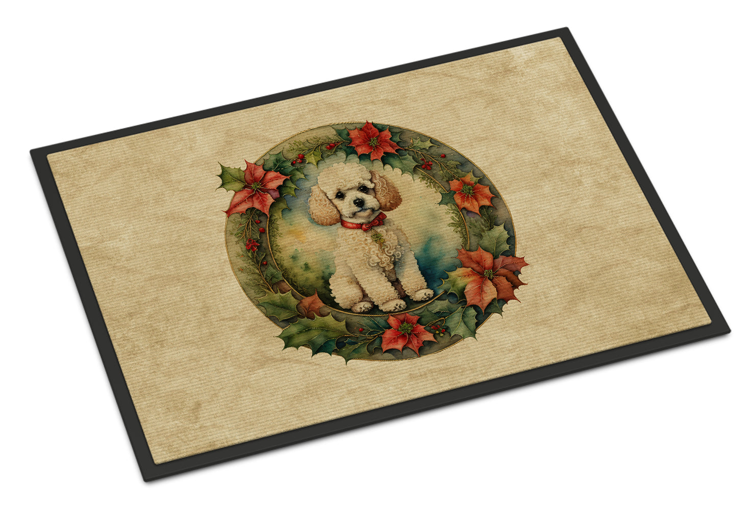 Poodle Christmas Flowers Doormat Indoor Outdoor 24H X 36W Front Door Mat Rugs for Entryway, Non Slip Washable Low Pile,