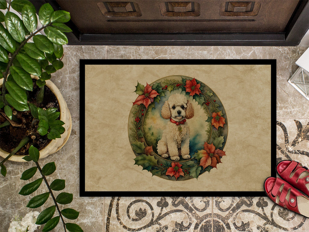Poodle Christmas Flowers Doormat Indoor Outdoor 18H X 27W Front Door Mat Rugs for Entryway, Non Slip Washable