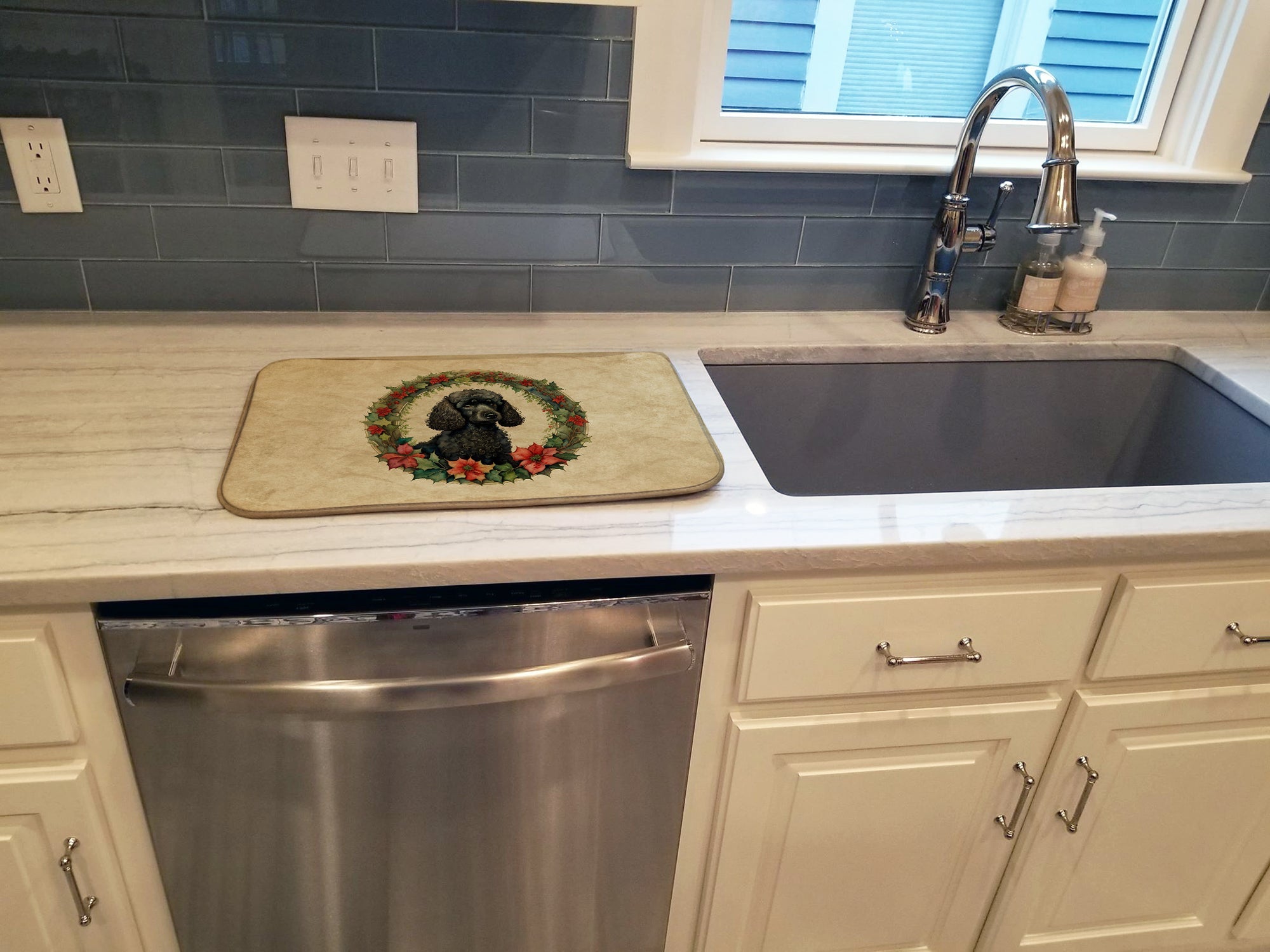 Poodle Christmas Flowers Dish Drying Mat Absorbent Dish Drying Mat Pad for Kitchen Counter Dish Drainer Mat for Countertop, 14 x 21", Multicolor