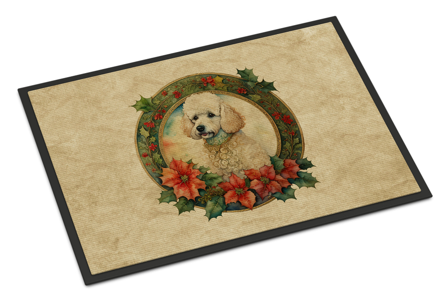 Poodle Christmas Flowers Doormat Indoor Outdoor 18H X 27W Front Door Mat Rugs for Entryway, Non Slip Washable