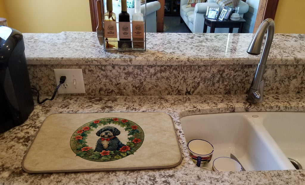 Portuguese Water Dog Christmas Flowers Dish Drying Mat Absorbent Dish Drying Mat Pad for Kitchen Counter Dish Drainer Mat for Countertop, 14 x 21", Multicolor