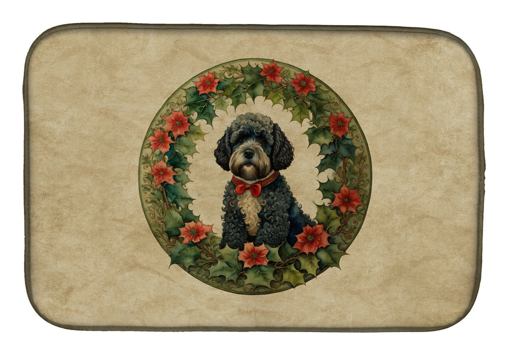 Portuguese Water Dog Christmas Flowers Dish Drying Mat Absorbent Dish Drying Mat Pad for Kitchen Counter Dish Drainer Mat for Countertop, 14 x 21", Multicolor