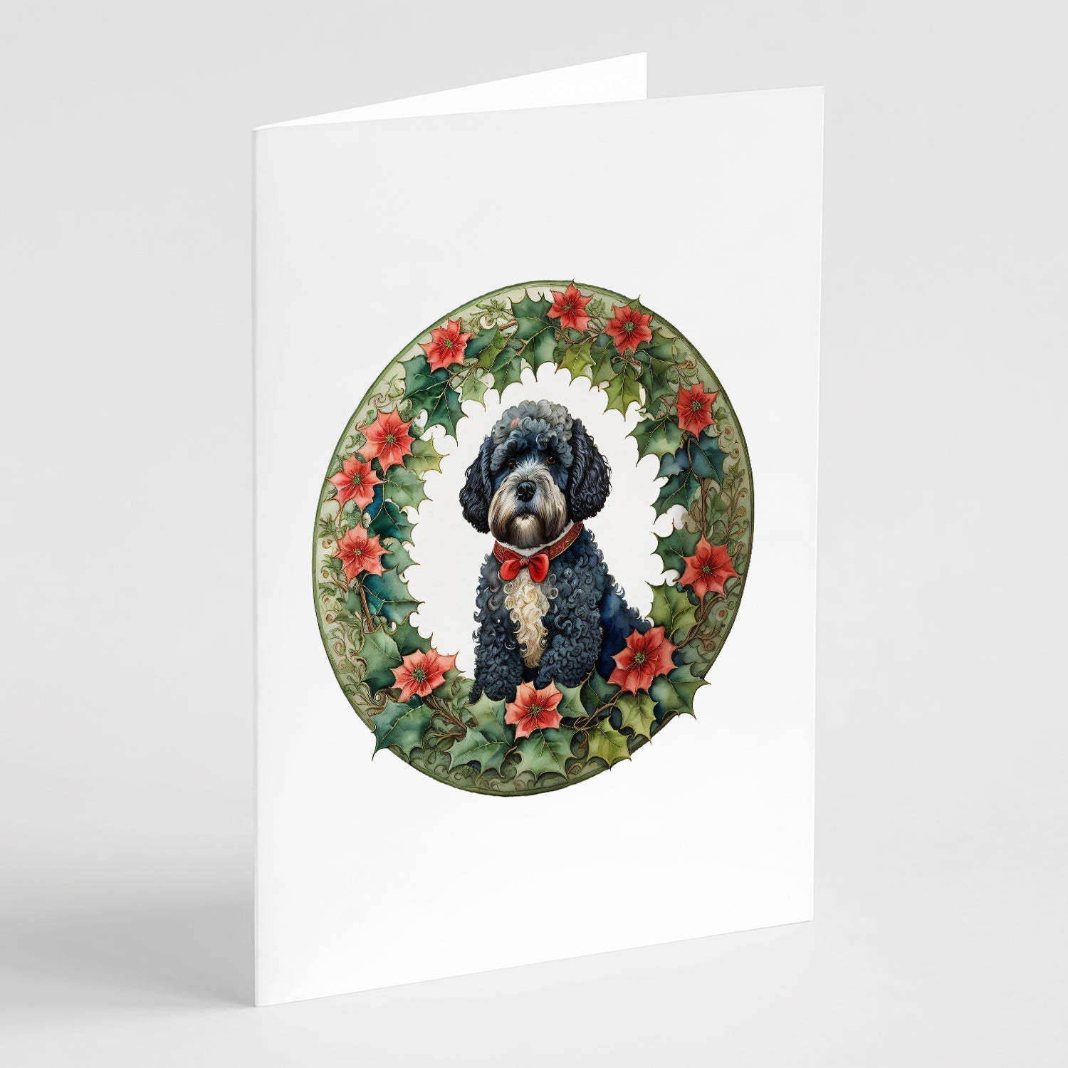 Portuguese Water Dog Christmas Flowers Greeting Cards Pack of 8 Blank Cards with Envelopes Whimsical A7 Size 5x7