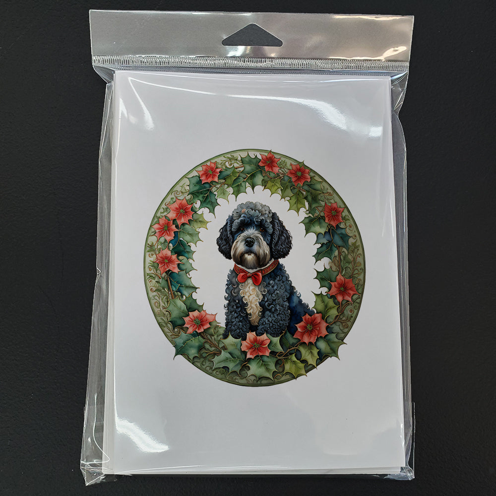 Portuguese Water Dog Christmas Flowers Greeting Cards Pack of 8 Blank Cards with Envelopes Whimsical A7 Size 5x7