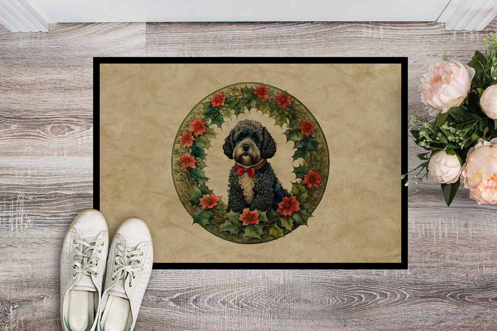 Portuguese Water Dog Christmas Flowers Doormat Indoor Outdoor 24H X 36W Front Door Mat Rugs for Entryway, Non Slip Washable Low Pile,
