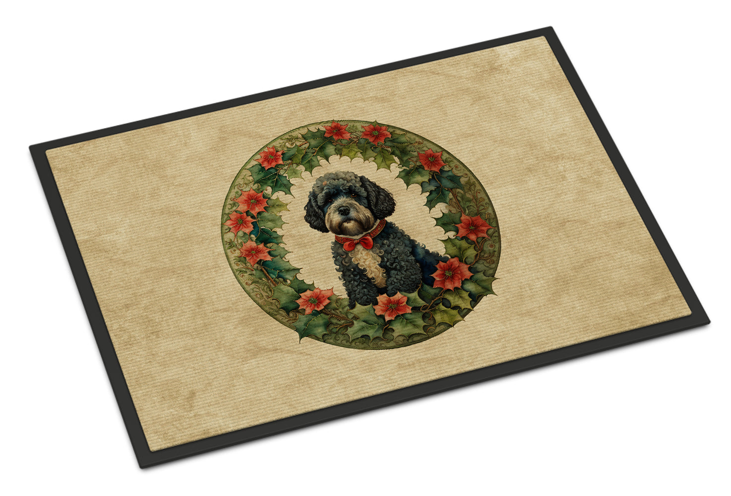 Portuguese Water Dog Christmas Flowers Doormat Indoor Outdoor 18H X 27W Front Door Mat Rugs for Entryway, Non Slip Washable