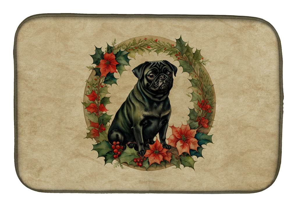 Pug Christmas Flowers Dish Drying Mat Absorbent Dish Drying Mat Pad for Kitchen Counter Dish Drainer Mat for Countertop, 14 x 21", Multicolor
