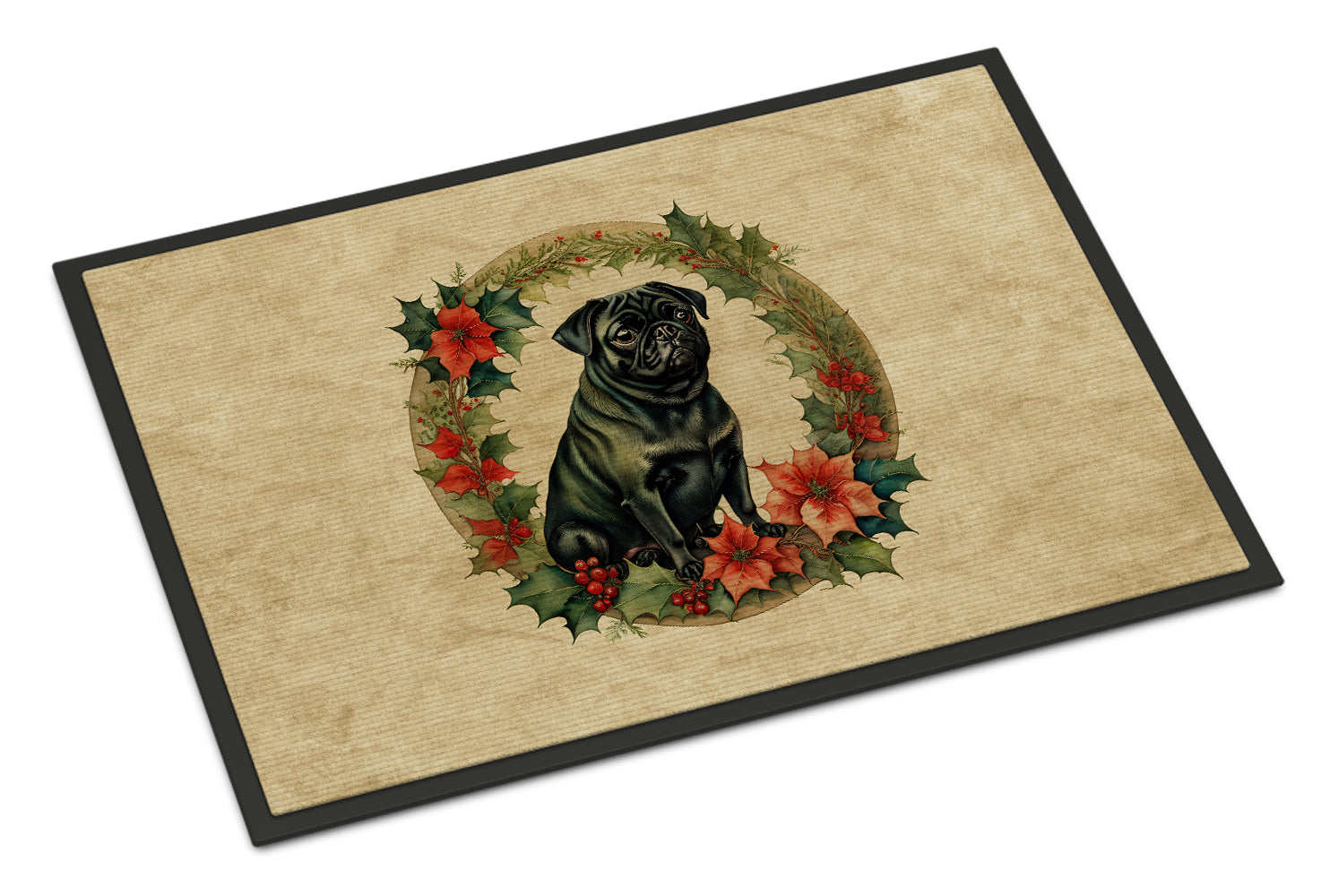 Pug Christmas Flowers Doormat Indoor Outdoor 24H X 36W Front Door Mat Rugs for Entryway, Non Slip Washable Low Pile,