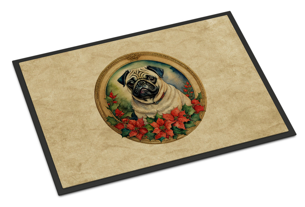 Pug Christmas Flowers Doormat Indoor Outdoor 24H X 36W Front Door Mat Rugs for Entryway, Non Slip Washable Low Pile,