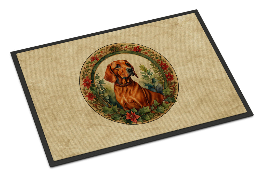 Red Redbone Coonhound Christmas Flowers Doormat Indoor Outdoor 24H X 36W Front Door Mat Rugs for Entryway, Non Slip Washable Low Pile,