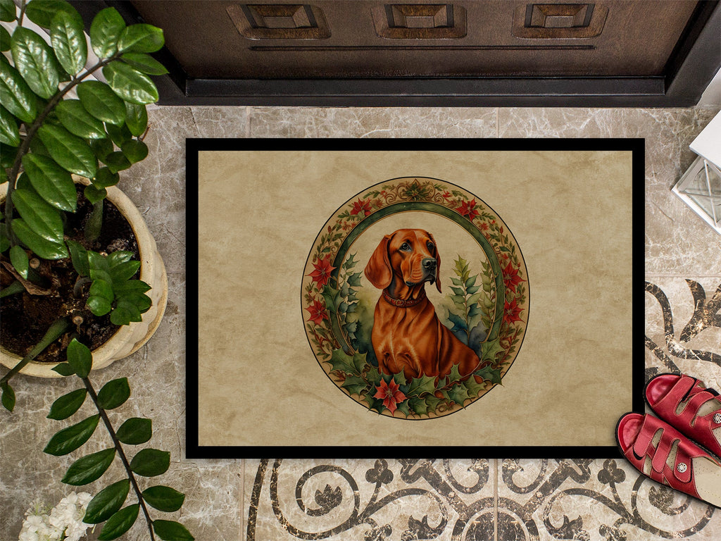 Red Redbone Coonhound Christmas Flowers Doormat Indoor Outdoor 24H X 36W Front Door Mat Rugs for Entryway, Non Slip Washable Low Pile,