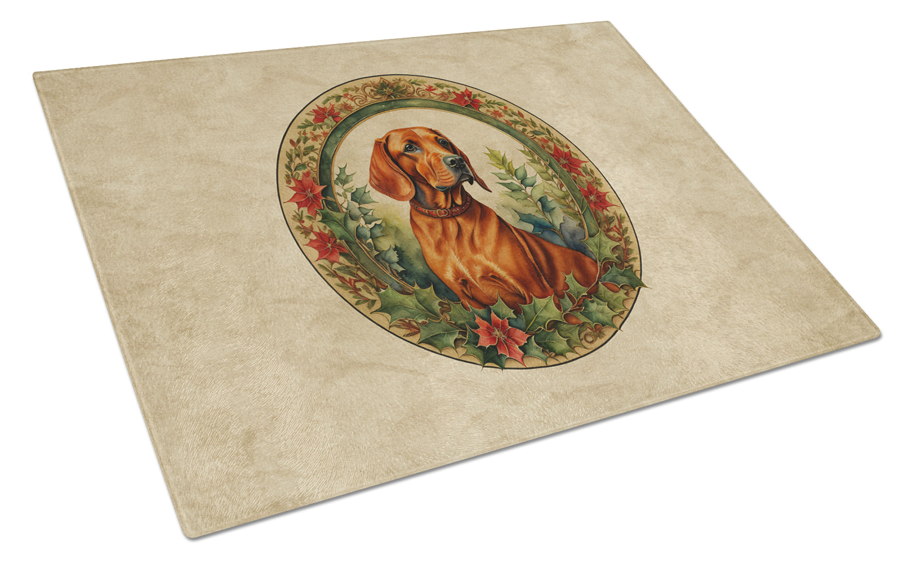 Red Redbone Coonhound Christmas Flowers Cutting Board Tempered Glass Kitchen Cutting Surface, Heat Resistant Chopping, Non-Slip Feet, Food Prep & Serving