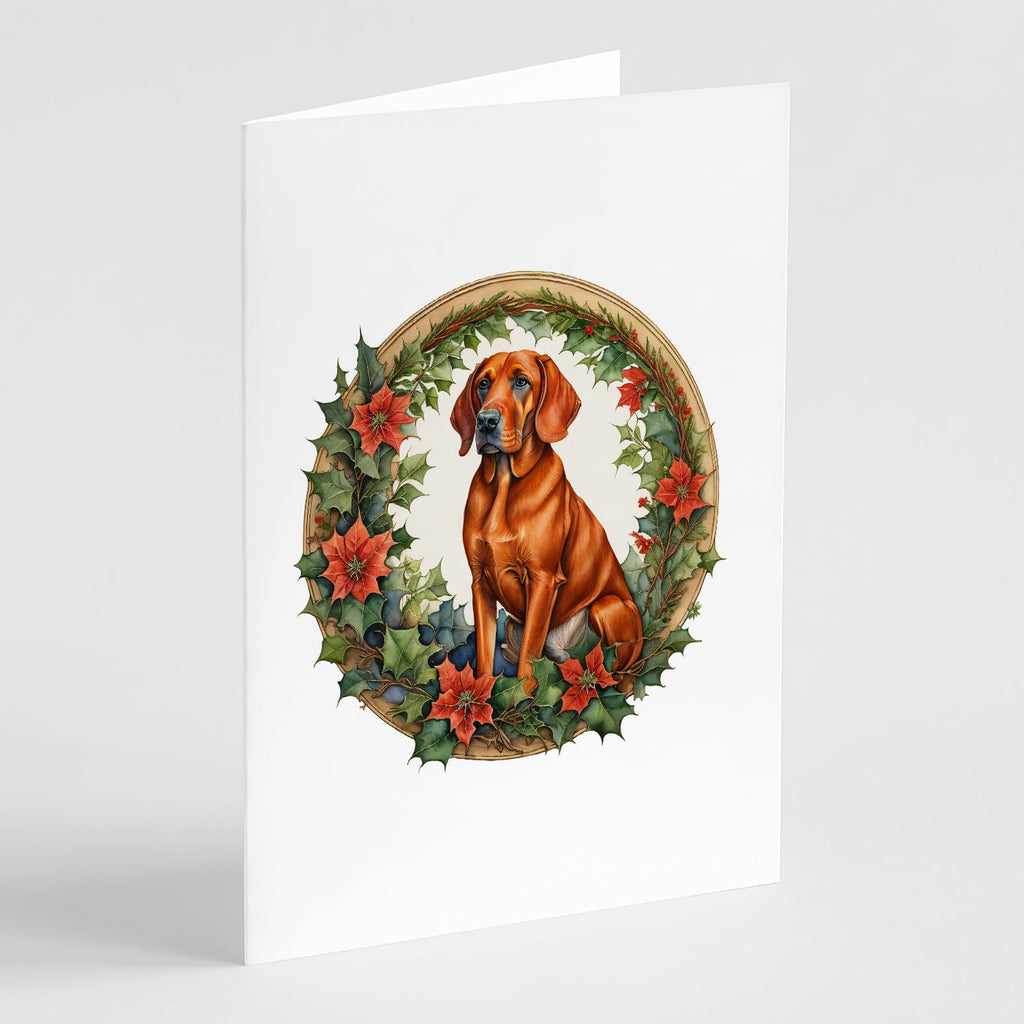 Red Redbone Coonhound Christmas Flowers Greeting Cards Pack of 8 Blank Cards with Envelopes Whimsical A7 Size 5x7