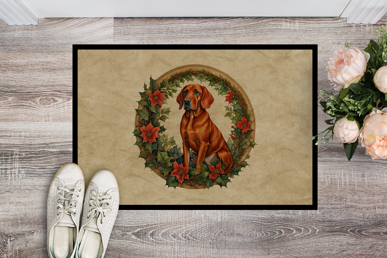 Red Redbone Coonhound Christmas Flowers Doormat Indoor Outdoor 24H X 36W Front Door Mat Rugs for Entryway, Non Slip Washable Low Pile,