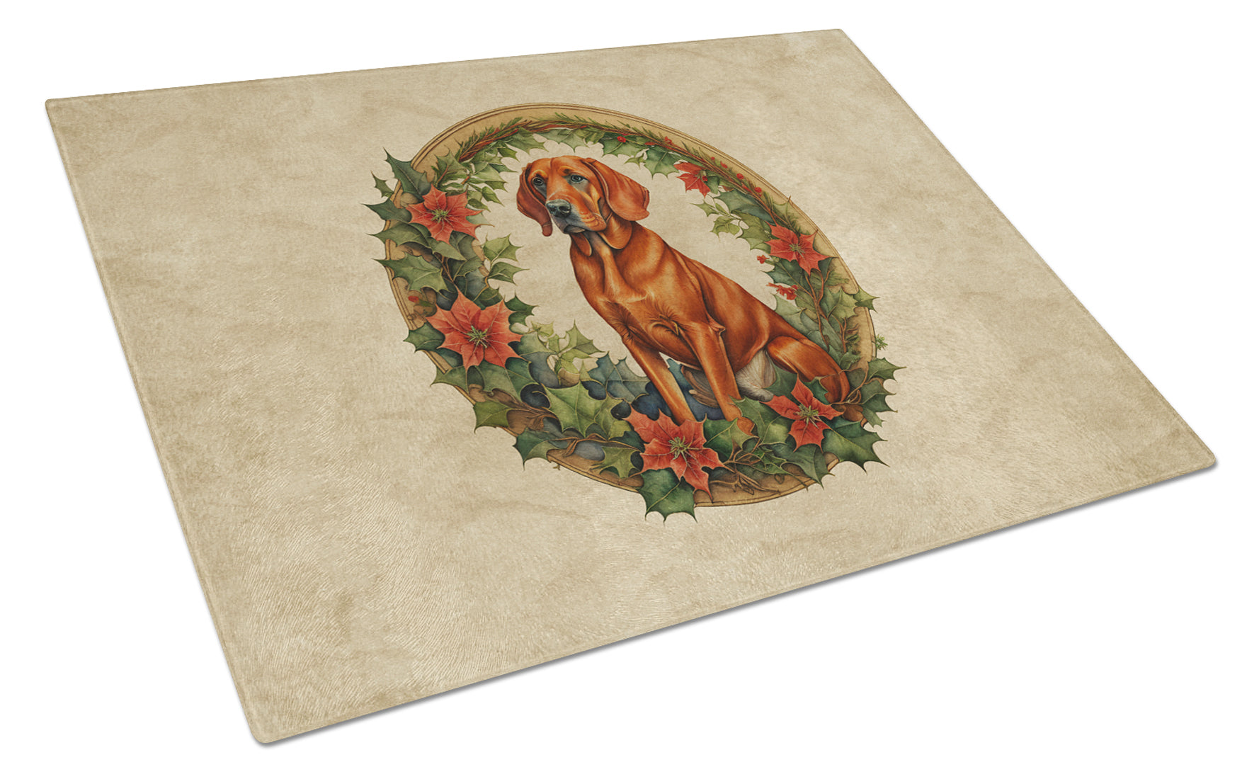 Red Redbone Coonhound Christmas Flowers Cutting Board Tempered Glass Kitchen Cutting Surface, Heat Resistant Chopping, Non-Slip Feet, Food Prep & Serving