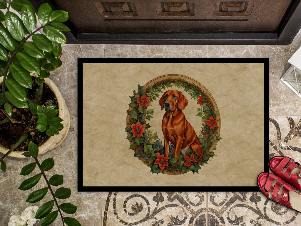 Red Redbone Coonhound Christmas Flowers Doormat Indoor Outdoor 18H X 27W Front Door Mat Rugs for Entryway, Non Slip Washable