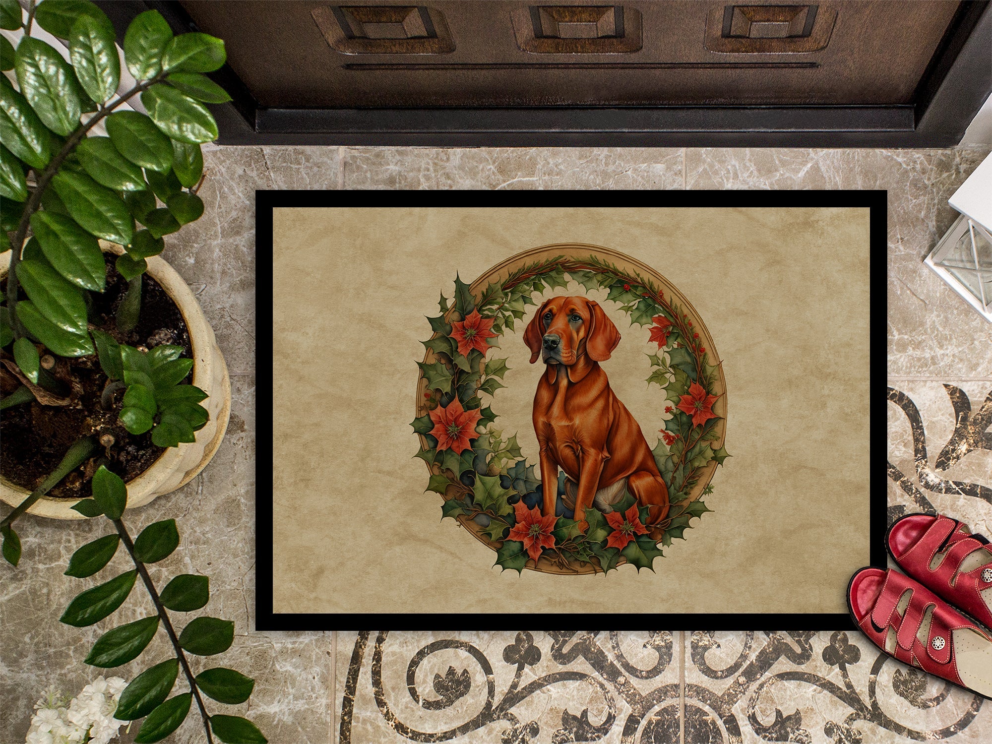 Red Redbone Coonhound Christmas Flowers Doormat Indoor Outdoor 18H X 27W Front Door Mat Rugs for Entryway, Non Slip Washable