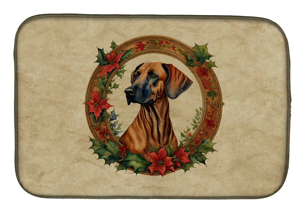 Rhodesian Ridgeback Christmas Flowers Dish Drying Mat Absorbent Dish Drying Mat Pad for Kitchen Counter Dish Drainer Mat for Countertop, 14 x 21", Multicolor