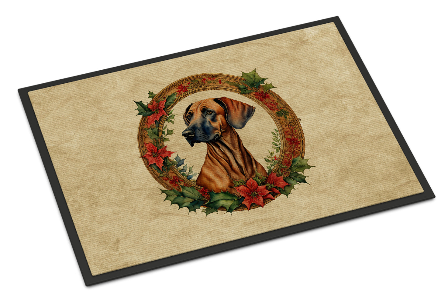 Rhodesian Ridgeback Christmas Flowers Doormat Indoor Outdoor 18H X 27W Front Door Mat Rugs for Entryway, Non Slip Washable