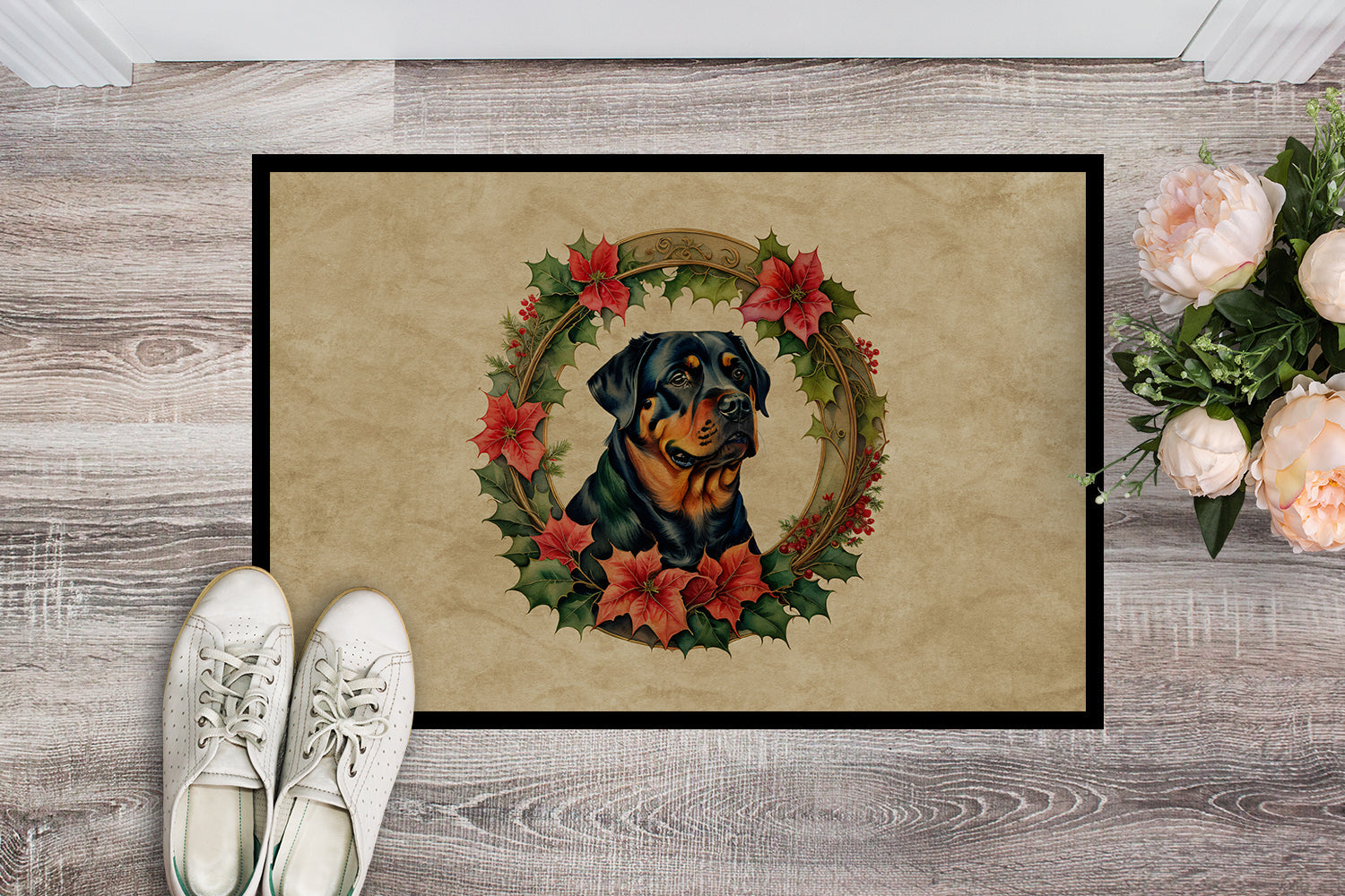 Rottweiler Christmas Flowers Doormat Indoor Outdoor 24H X 36W Front Door Mat Rugs for Entryway, Non Slip Washable Low Pile,