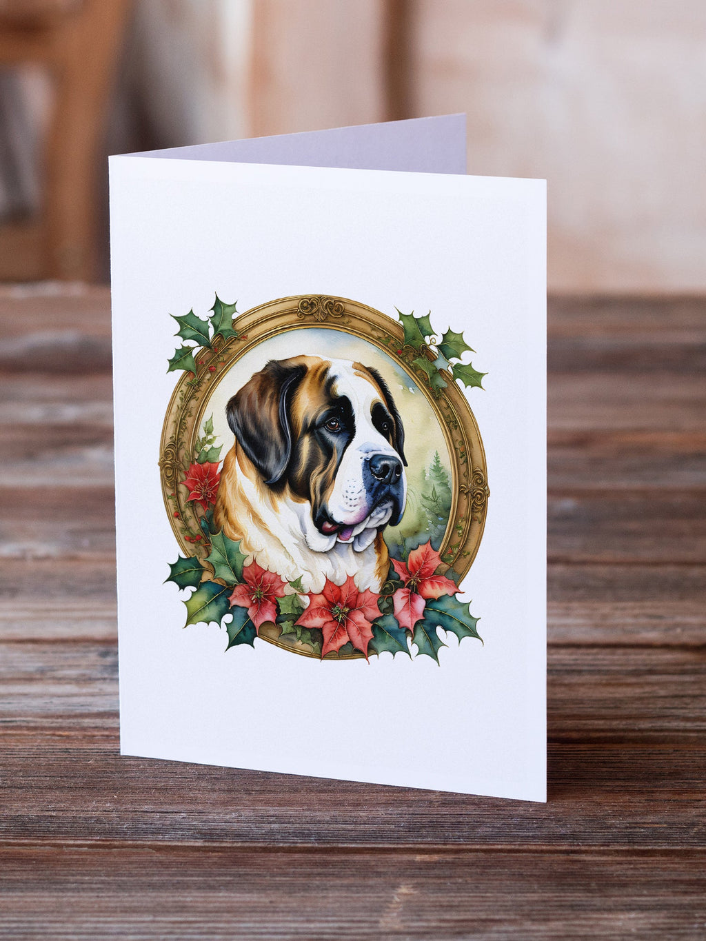 Saint Bernard Christmas Flowers Greeting Cards Pack of 8 Blank Cards with Envelopes Whimsical A7 Size 5x7
