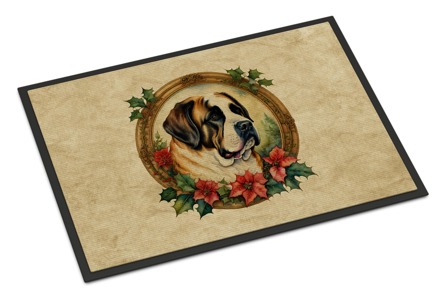 Saint Bernard Christmas Flowers Doormat Indoor Outdoor 24H X 36W Front Door Mat Rugs for Entryway, Non Slip Washable Low Pile,